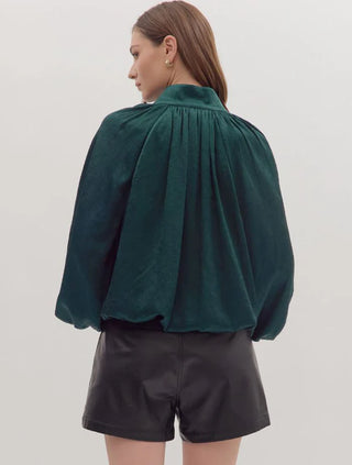 Hunter Green Balloon Sleeve V-Neck Top FINAL SALE