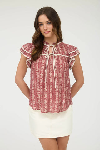 BURGUNDY STRIPE FLORAL PATTERN TIE FRONT RUFFLE TOP Final Sale