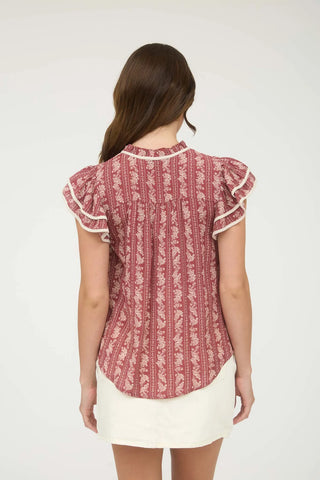 BURGUNDY STRIPE FLORAL PATTERN TIE FRONT RUFFLE TOP Final Sale
