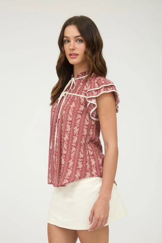 BURGUNDY STRIPE FLORAL PATTERN TIE FRONT RUFFLE TOP Final Sale