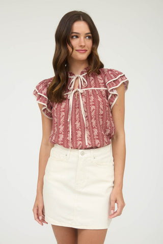 BURGUNDY STRIPE FLORAL PATTERN TIE FRONT RUFFLE TOP Final Sale