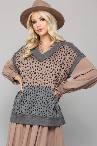 Leopard Knit and Texture Knit Mixed Vest with Front Pocket