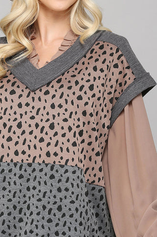 Leopard Knit and Texture Knit Mixed Vest with Front Pocket