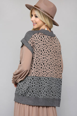 Leopard Knit and Texture Knit Mixed Vest with Front Pocket