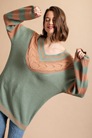 Dusty Sage Stripe and Contrast Cable Mixed Knitting Sweater Top Final Sale