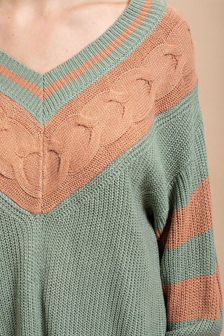 Dusty Sage Stripe and Contrast Cable Mixed Knitting Sweater Top Final Sale