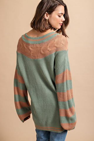 Dusty Sage Stripe and Contrast Cable Mixed Knitting Sweater Top Final Sale