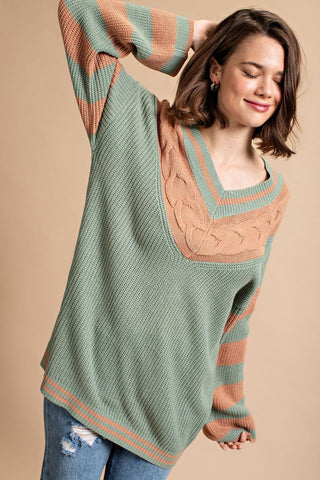 Dusty Sage Stripe and Contrast Cable Mixed Knitting Sweater Top Final Sale