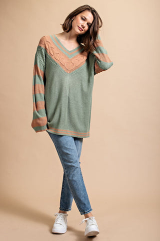 Dusty Sage Stripe and Contrast Cable Mixed Knitting Sweater Top Final Sale