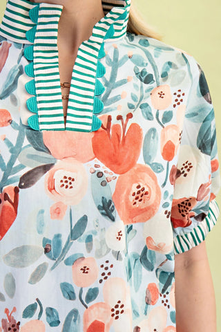 Green Floral Mock-Neck Top with Contrasting Stripe Accents and Decorative Trim FINAL SALE