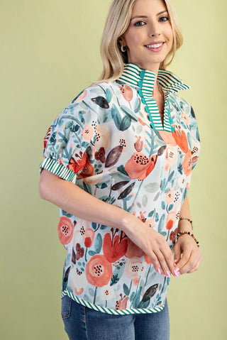 Green Floral Mock-Neck Top with Contrasting Stripe Accents and Decorative Trim FINAL SALE