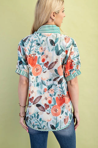 Green Floral Mock-Neck Top with Contrasting Stripe Accents and Decorative Trim FINAL SALE