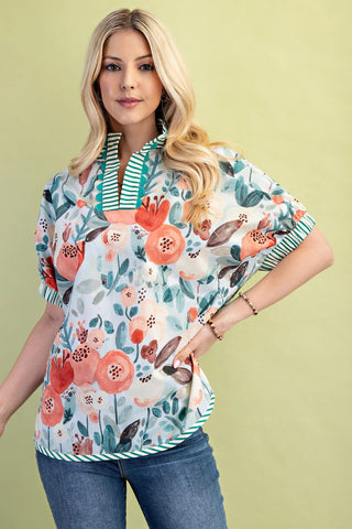 Green Floral Mock-Neck Top with Contrasting Stripe Accents and Decorative Trim FINAL SALE