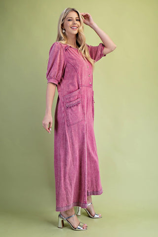 Berry Mineral Washed Button Up Wide Leg Jumpsuit Final Sale