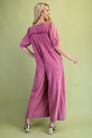 Berry Mineral Washed Button Up Wide Leg Jumpsuit Final Sale