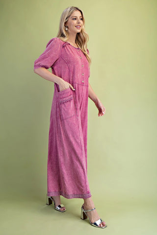 Berry Mineral Washed Button Up Wide Leg Jumpsuit Final Sale