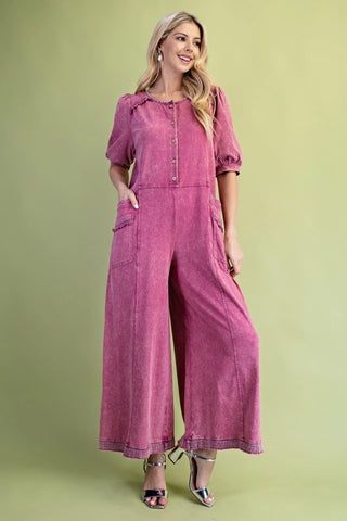 Berry Mineral Washed Button Up Wide Leg Jumpsuit Final Sale