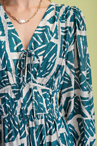 Teal Mix Printed Double Tier Elastic Waist Midi Dress with a Front Tie and Long Sleeves