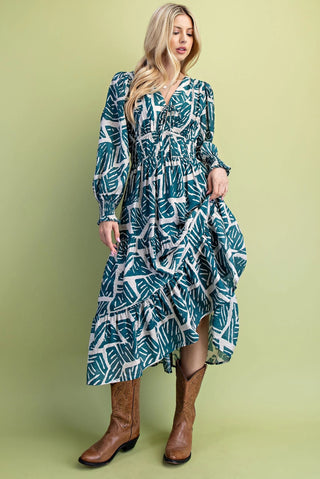 Teal Mix Printed Double Tier Elastic Waist Midi Dress with a Front Tie and Long Sleeves