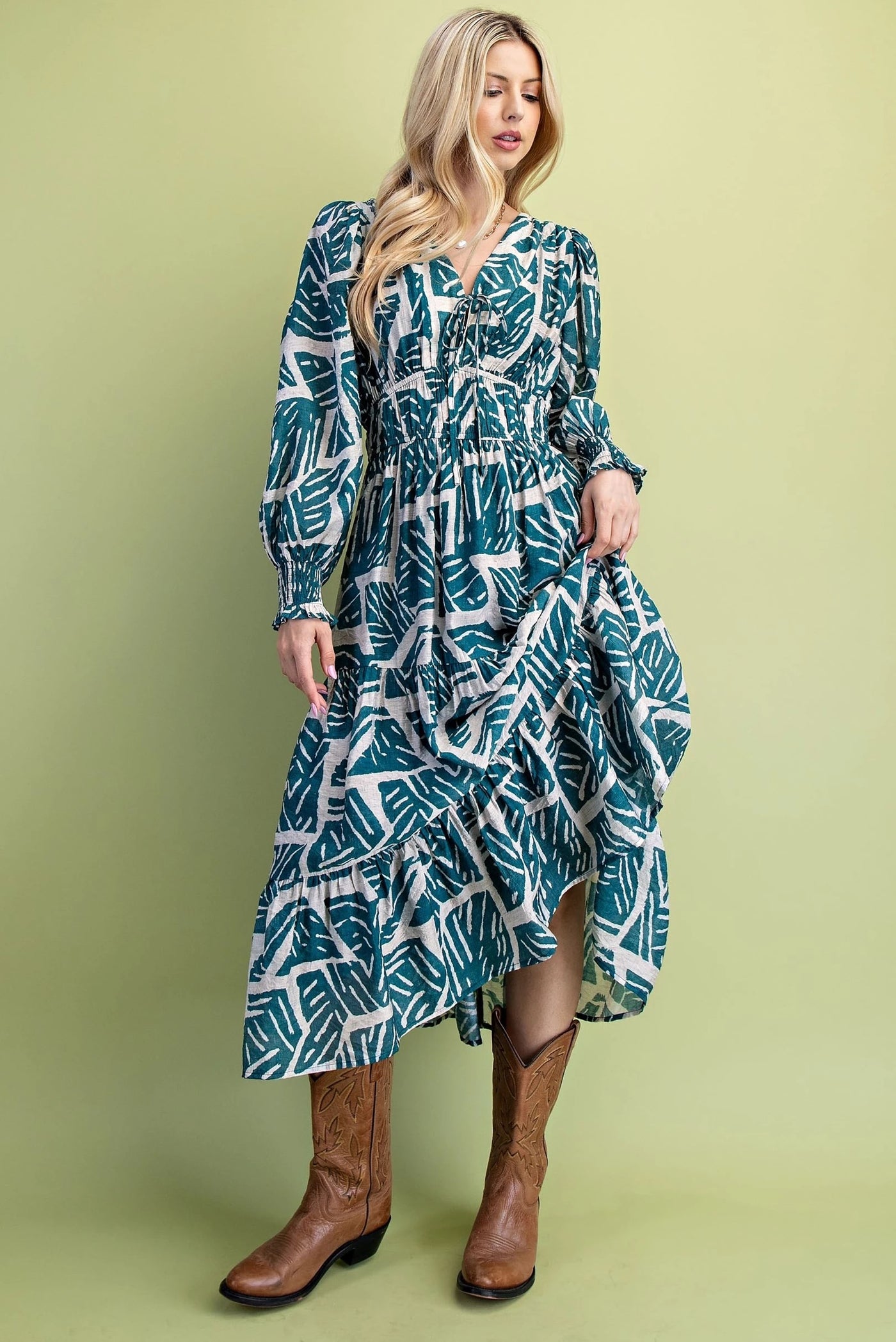 Teal Mix Printed Double Tier Elastic Waist Midi Dress with A Front Tie and Long Sleeves S Teal Mix Printed Double Tier Elastic Waist Midi Dress with A Front Tie and Long Sleeves S