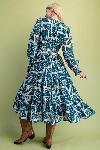 Teal Mix Printed Double Tier Elastic Waist Midi Dress with a Front Tie and Long Sleeves