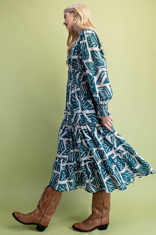 Teal Mix Printed Double Tier Elastic Waist Midi Dress with a Front Tie and Long Sleeves
