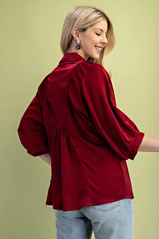 Burgundy Satin V-Neck Blouse with a Smocked Yoke and Ruffled Collar Final Sale