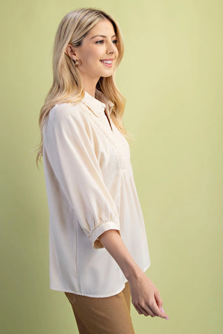 Cream Satin V-Neck Blouse with a Smocked Yoke and Ruffled Collar Final Sale