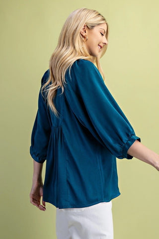 Teal Blue Satin V-Neck Blouse with a Smocked Yoke and Ruffled Collar FINAL SALE