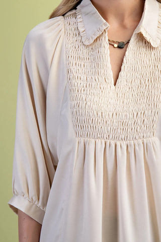 Cream Satin V-Neck Blouse with a Smocked Yoke and Ruffled Collar Final Sale