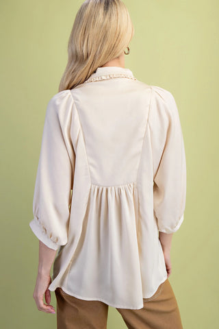 Cream Satin V-Neck Blouse with a Smocked Yoke and Ruffled Collar Final Sale