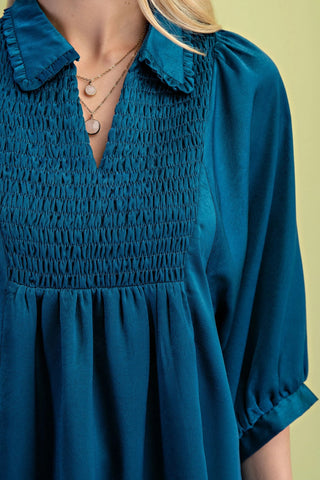 Teal Blue Satin V-Neck Blouse with a Smocked Yoke and Ruffled Collar FINAL SALE