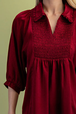 Burgundy Satin V-Neck Blouse with a Smocked Yoke and Ruffled Collar Final Sale