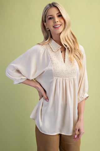 Cream Satin V-Neck Blouse with a Smocked Yoke and Ruffled Collar Final Sale
