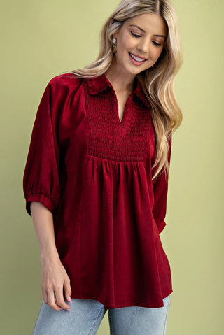 Burgundy Satin V-Neck Blouse with a Smocked Yoke and Ruffled Collar Final Sale