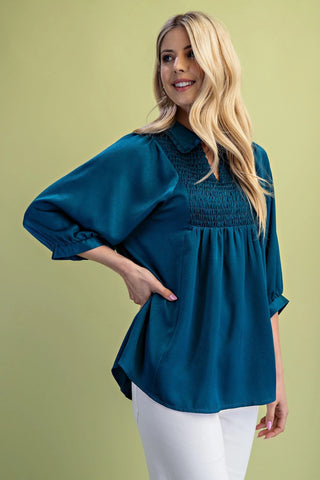 Teal Blue Satin V-Neck Blouse with a Smocked Yoke and Ruffled Collar FINAL SALE