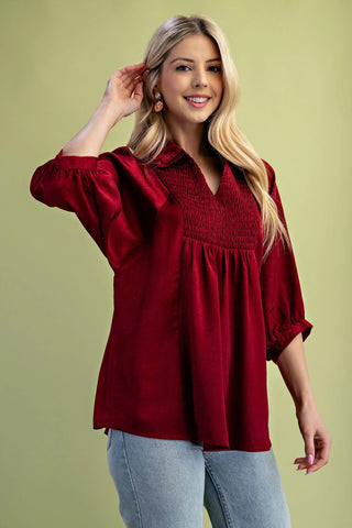 Burgundy Satin V-Neck Blouse with a Smocked Yoke and Ruffled Collar Final Sale