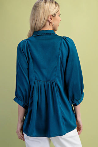 Teal Blue Satin V-Neck Blouse with a Smocked Yoke and Ruffled Collar FINAL SALE