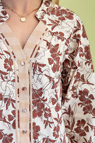 Walnut Floral Button Down V-Neck Blouse