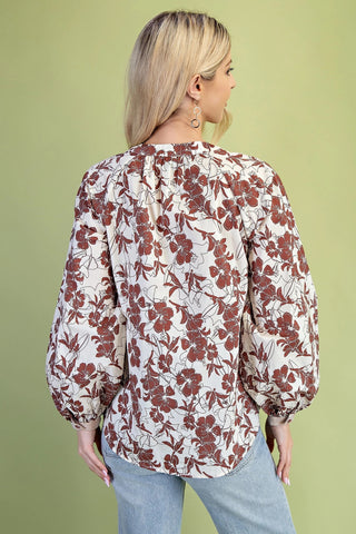 Walnut Floral Button Down V-Neck Blouse