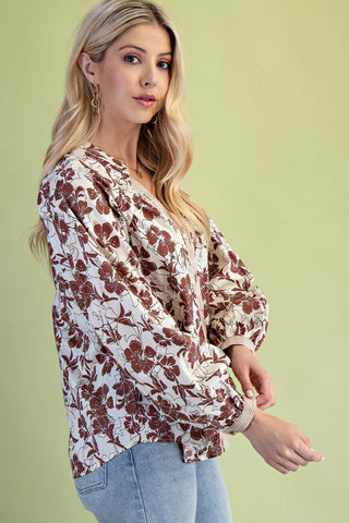 Walnut Floral Button Down V-Neck Blouse