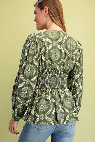 Olive Printed V-Neck Blouse with a Zipper Front and Smocked Waist