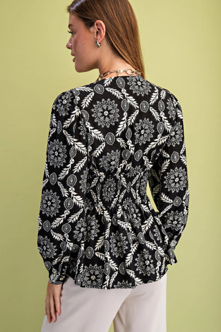 Black Printed V-Neck Blouse with a Zipper Front and Smocked Waist