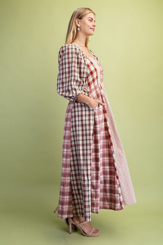 Western Mixed Plaid Midi Dress with Pockets