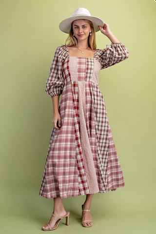 Western Mixed Plaid Midi Dress with Pockets
