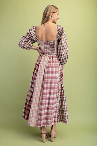 Western Mixed Plaid Midi Dress with Pockets