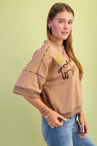 Taupe Western Embroidered Sweatshirt with Leopard Piping Details