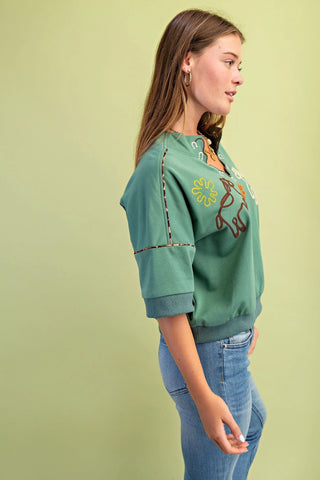 Dusty Sage Western Embroidered Sweatshirt with Leopard Piping Details