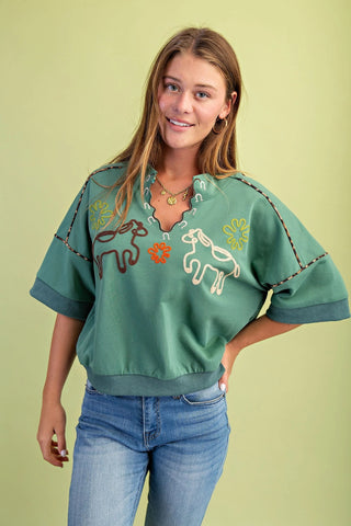 Dusty Sage Western Embroidered Sweatshirt with Leopard Piping Details