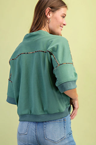 Dusty Sage Western Embroidered Sweatshirt with Leopard Piping Details
